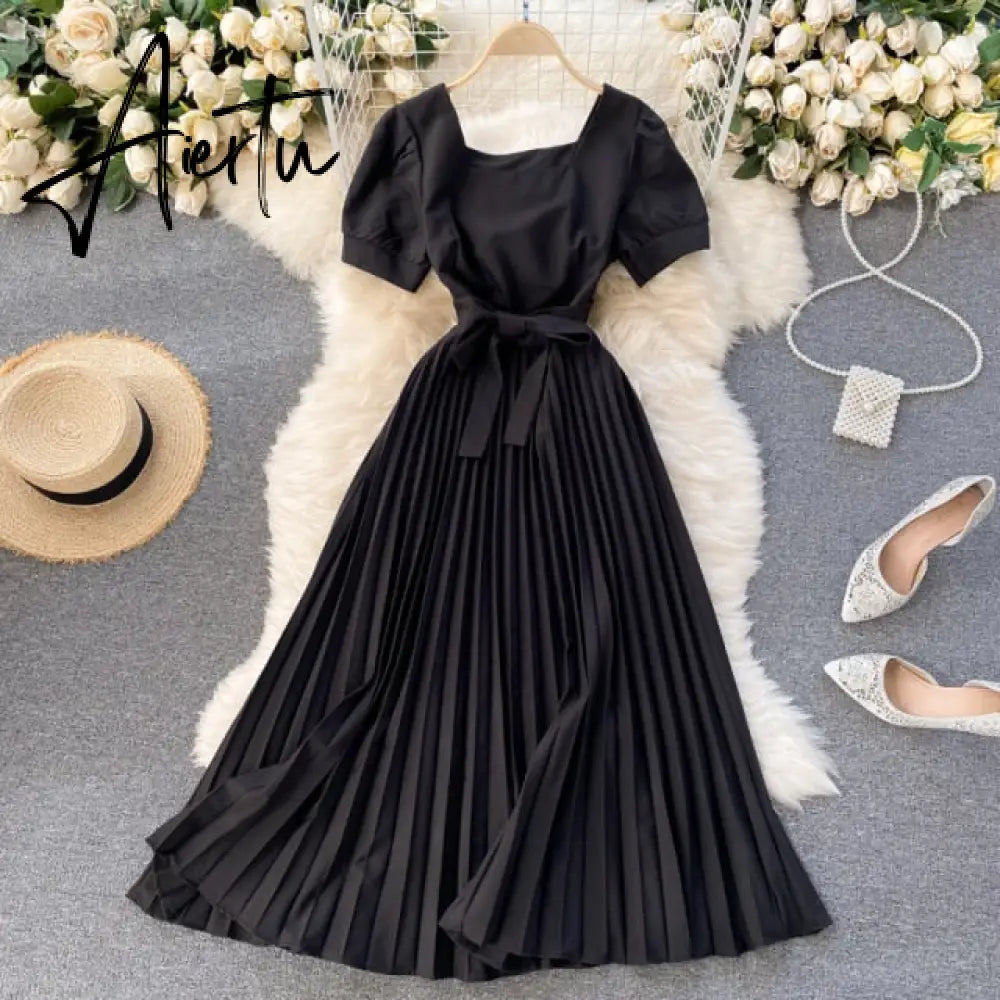 Vintage French Short Sleeve Women Dress Square Collar High Waist Belt Pleated Dresses Female Elegant Clothes Summer Coisini Aiertu