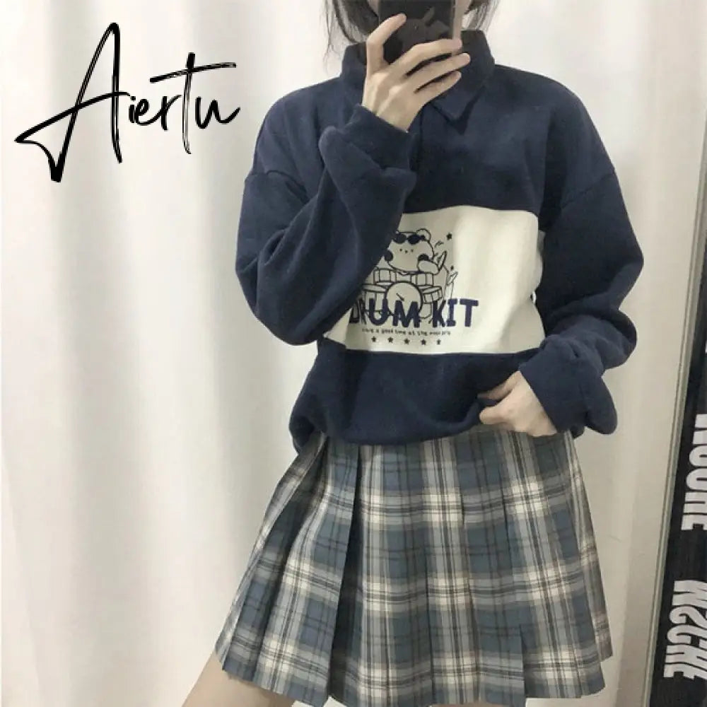 Vintage Polo Collar Oversized Hoodies Women Korean  Autumn Letter Print Sweatshirt Harajuku Bear Tops Long Sleeve Plus Size Aiertu