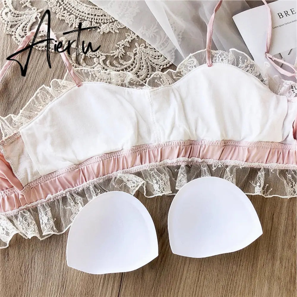 Vintage satin lace wire free bandeau bra set private house sexy fairy lingerie sets nightwear cotton cup underwear Aiertu