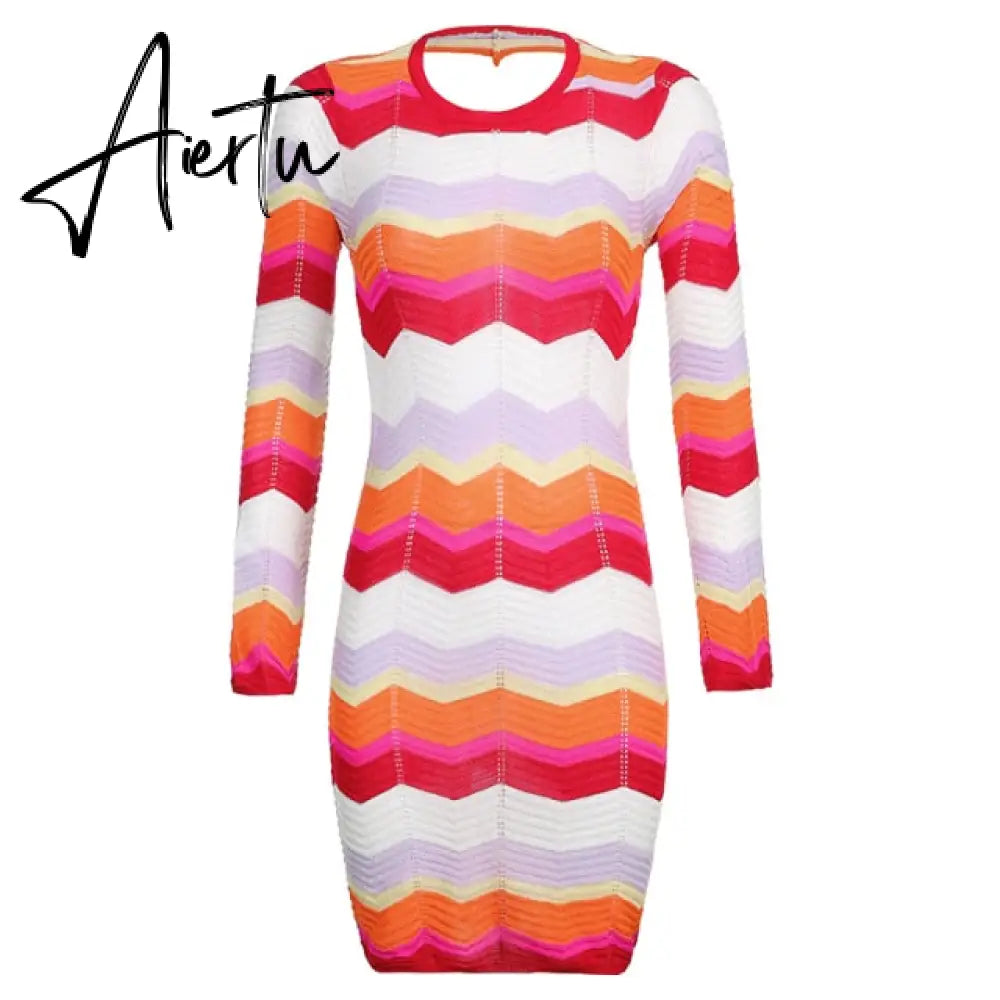 Wave Striped Patchwork Y2K Mini Dresses Backless Long Sleeves Elegant Sundress Fashion Cute Aesthetic 90s Outfits Cuteandpsycho Aiertu