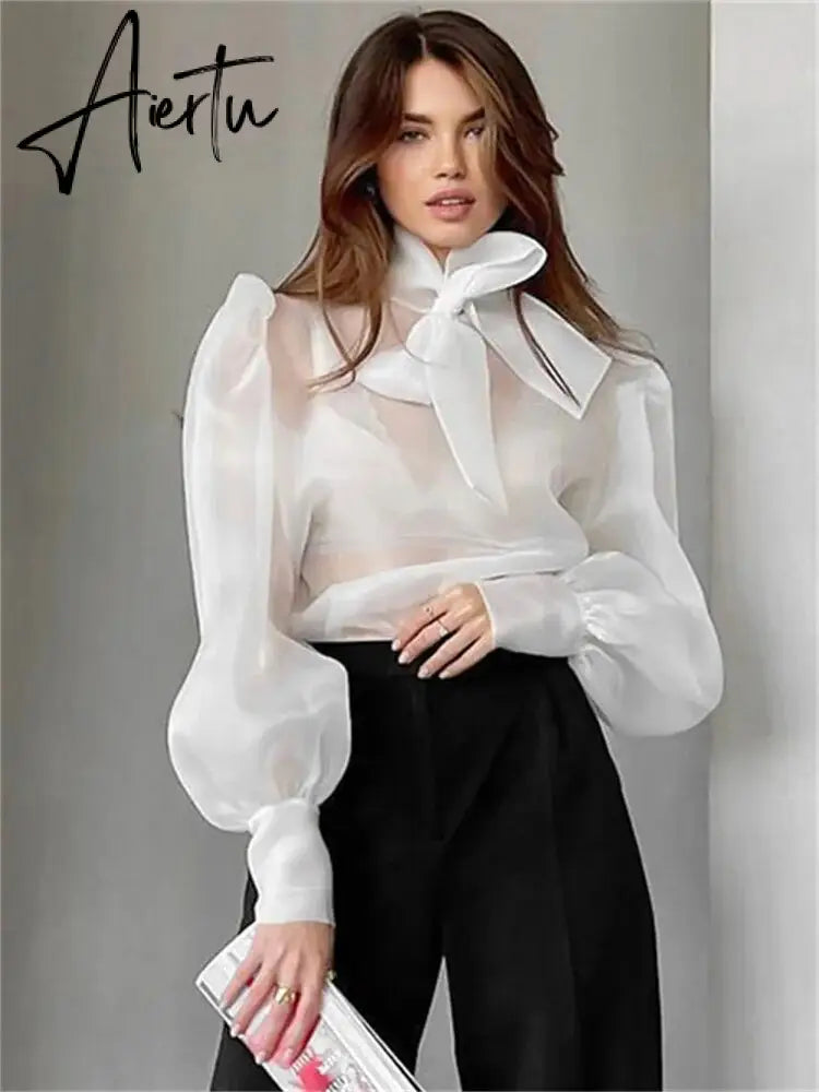 White Chiffon Top Shirts For Women Elegant Long Lantern Sleeve Mesh T-shirt See-Through Blouse Bow Sheer Ladies Shirts Aiertu