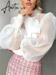 White Chiffon Top Shirts For Women Elegant Long Lantern Sleeve Mesh T-shirt See-Through Blouse Bow Sheer Ladies Shirts Aiertu