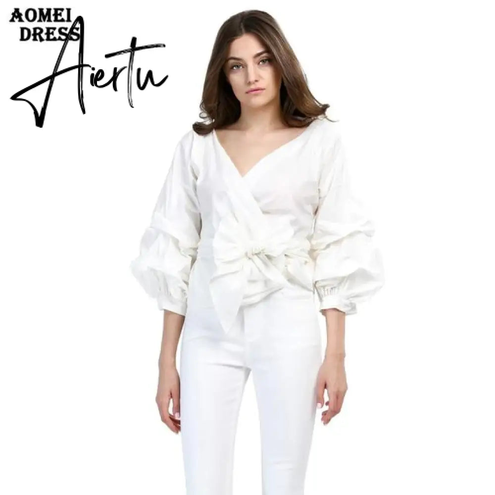 White Shirts Blouses Peplum Tops Puff Sleeves with Waist Belt Bowtie V Neck Large Size Women's Fashion Female Clothes New Blusas Aiertu