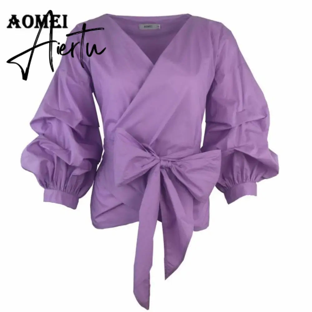 White Shirts Blouses Peplum Tops Puff Sleeves with Waist Belt Bowtie V Neck Large Size Women's Fashion Female Clothes New Blusas Aiertu