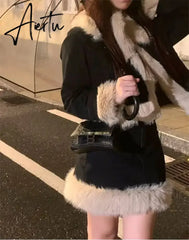 Winter Warm Black Elegant Clothing Suit Korean Fashion 2 Piece Set Thicken Coat Jacket + Slim Mini Skirt Woman Comfortable Aiertu