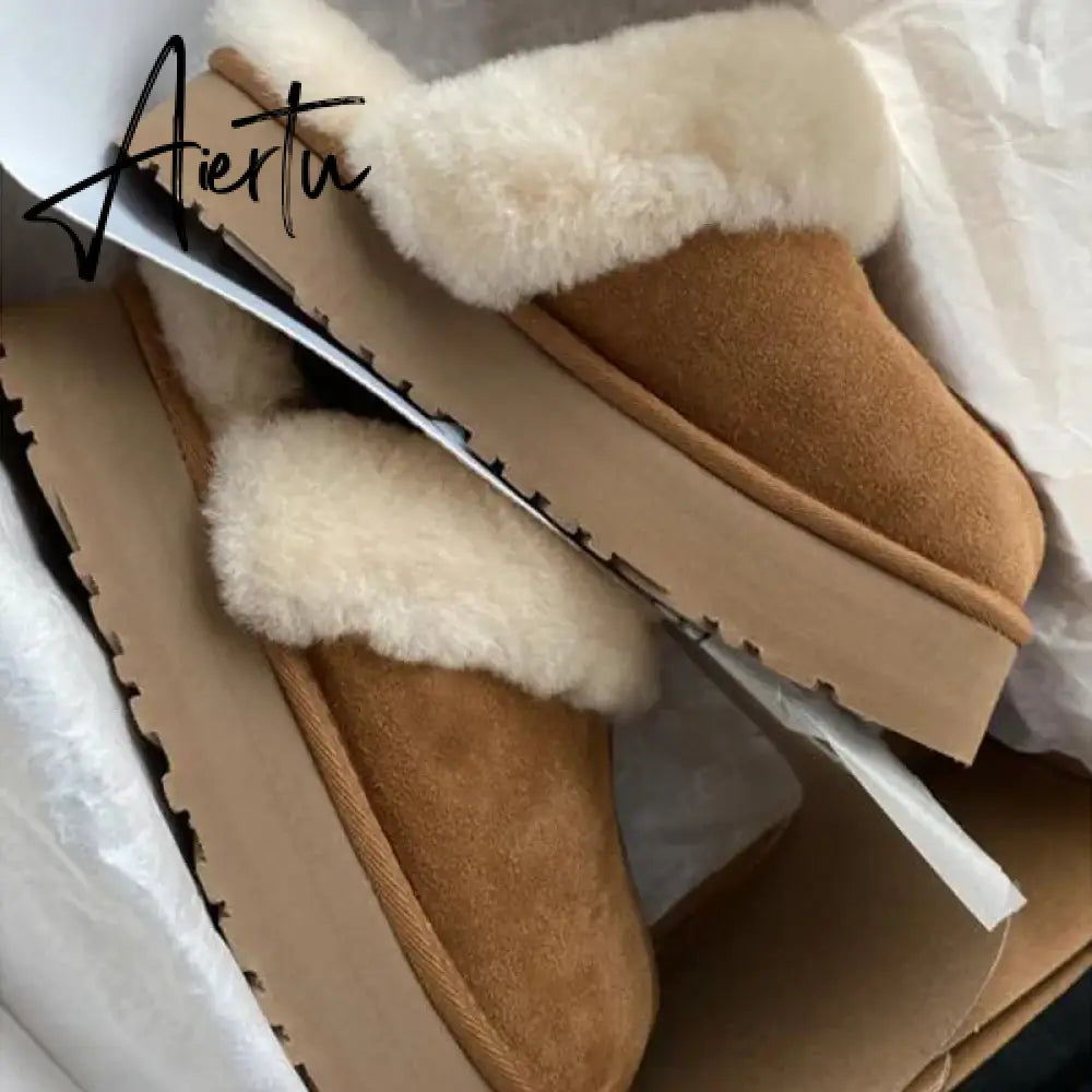 Winter Women Fur Slippers Warm Boots Platform Flip Flops  New Short Plush Flats Home Cotton Shoes Suede Mules Ladies Boots Aiertu