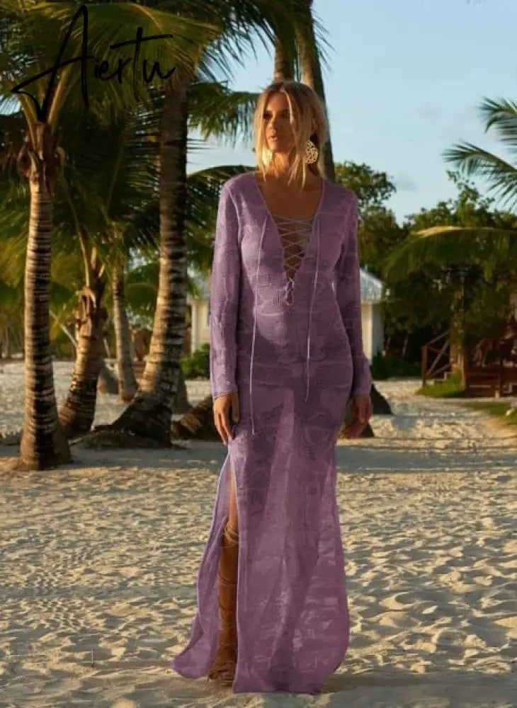 Women Bathing Suit Cover Up Crochet Lace Bikini Swimsuit Dress Sexy New Summer Hollow Out Beach Long Maxi Split Ladies Loose Aiertu