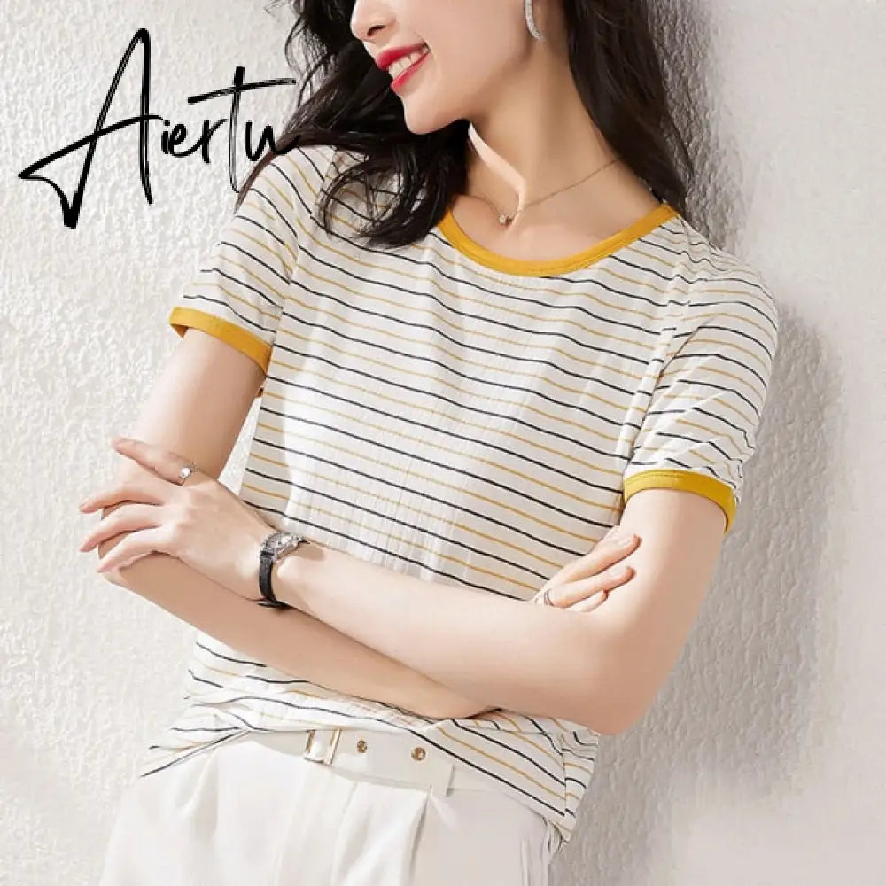 Women Black And White Stripes O Neck Casual Tops Long Sleeve Loose Pullover T-shirt Srping New Fashion Korea Shirt Aiertu