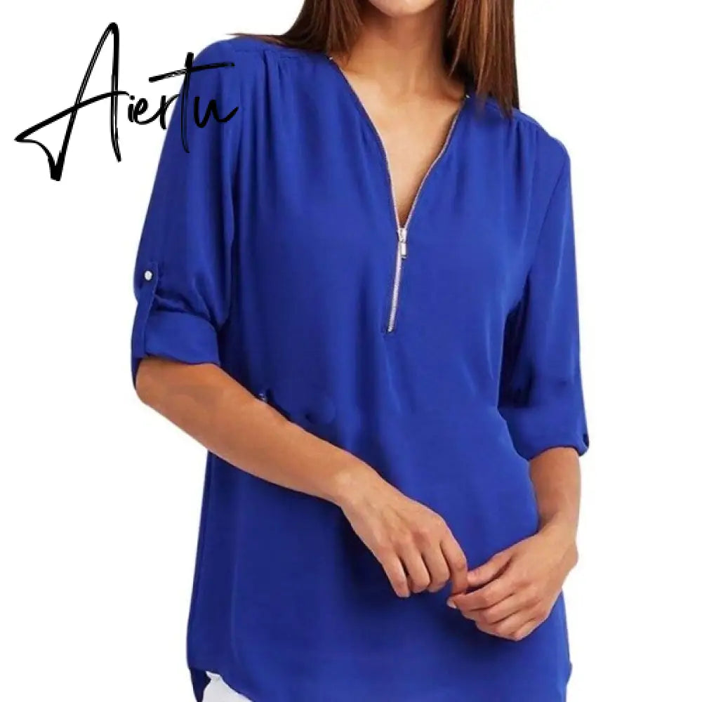 Women Blouses Summer Elegant V Neck Roll Up Long Sleeve Zipper Tunic Chiffon Tops Casual Loose Blue Shirt Female S-5XL Plus Size Aiertu