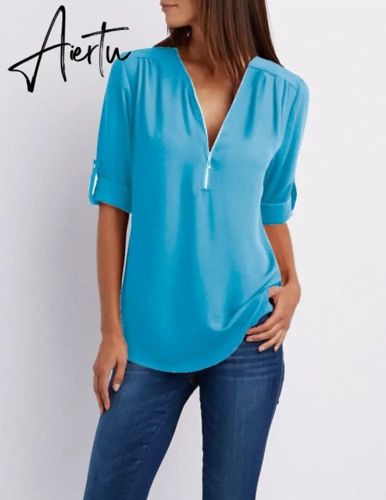 Women Blouses Summer Elegant V Neck Roll Up Long Sleeve Zipper Tunic Chiffon Tops Casual Loose Blue Shirt Female S-5XL Plus Size Aiertu