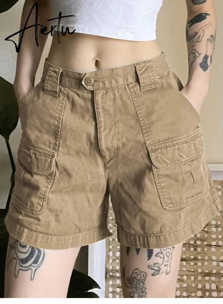 Women Cargo Shorts Y2k Clothing Baggy Straight Cargo Pants Vintage 90s High Waist Casual Tooling Safari Style Shorts Streetwear Aiertu