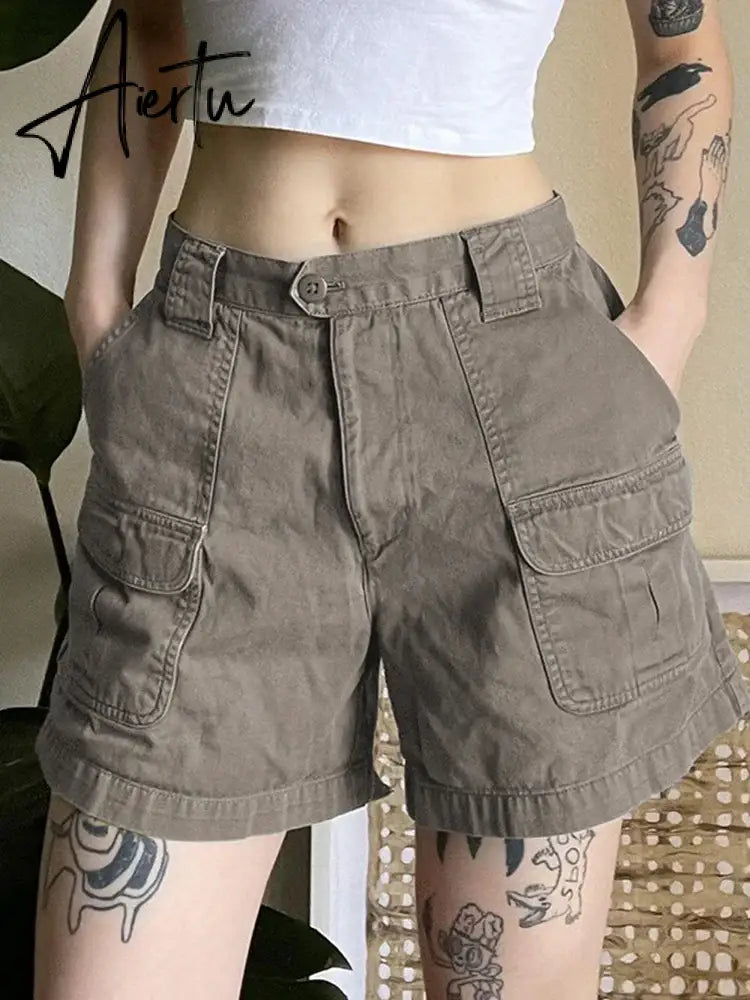 Women Cargo Shorts Y2k Clothing Baggy Straight Cargo Pants Vintage 90s High Waist Casual Tooling Safari Style Shorts Streetwear Aiertu