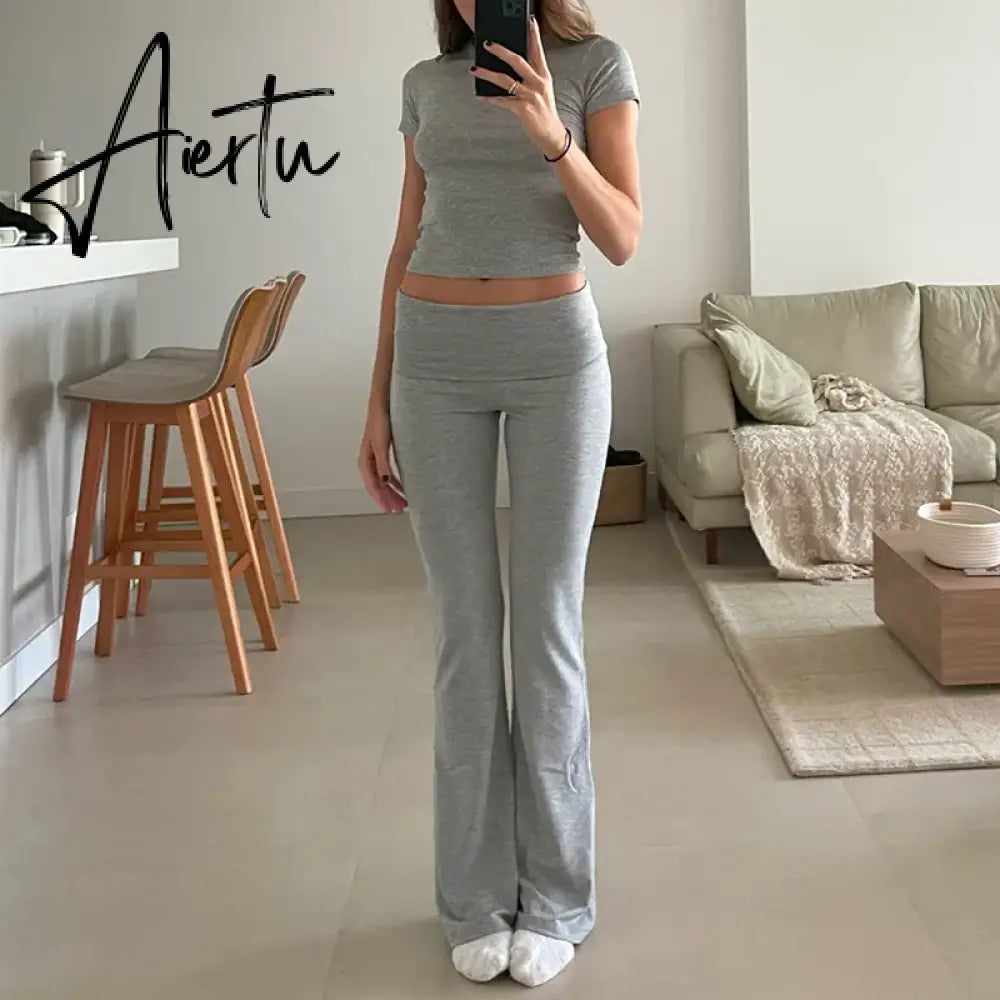 Women Casual Slim Fit 2 Piece Set Short Sleeve Crop Tops + Pants Elegant Matching Suit Vintage Y2K Rib Knitted T-shirt Outfits Aiertu