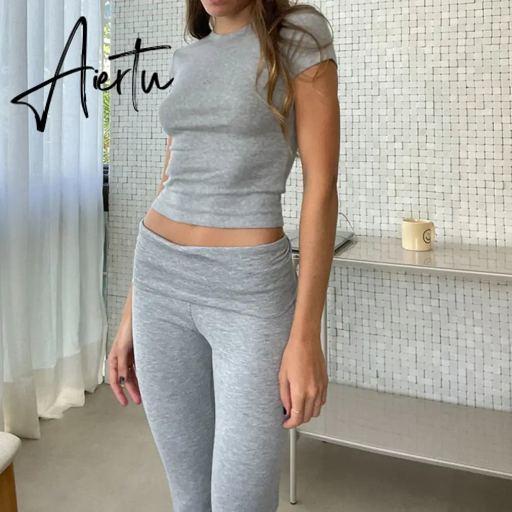Women Casual Slim Fit 2 Piece Set Short Sleeve Crop Tops + Pants Elegant Matching Suit Vintage Y2K Rib Knitted T-shirt Outfits Aiertu