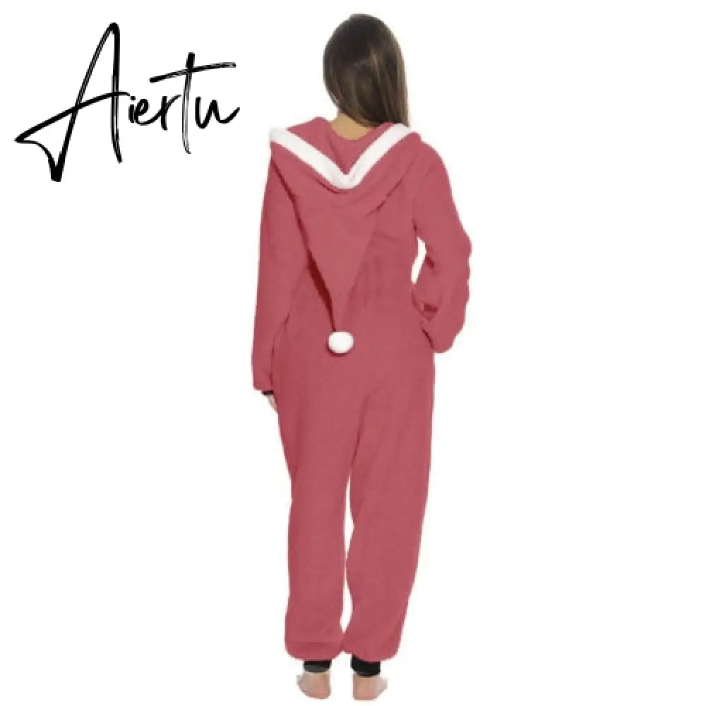 Women Christmas Hooded Pajama Coral Fleece Solid Color Zipper Jumpsuit Lady Winter Thermal Home Sleep Wear Green/Pink/Red Aiertu