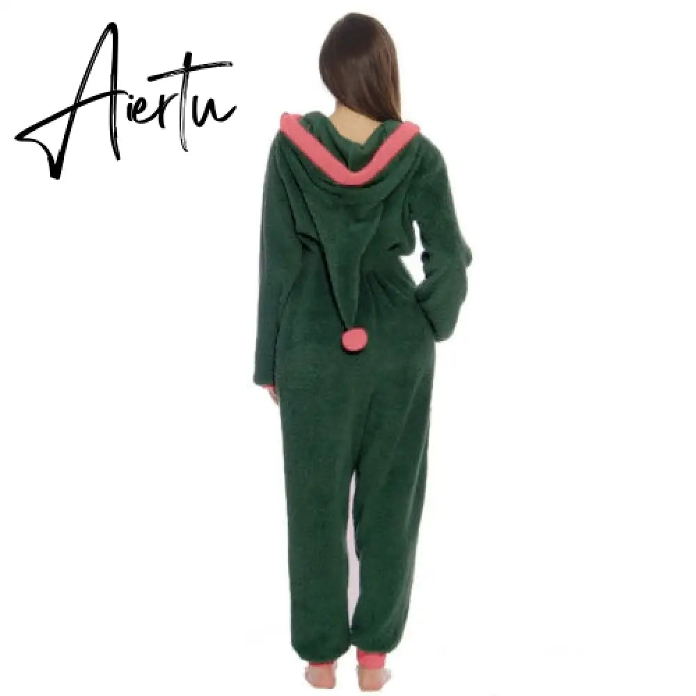 Women Christmas Hooded Pajama Coral Fleece Solid Color Zipper Jumpsuit Lady Winter Thermal Home Sleep Wear Green/Pink/Red Aiertu