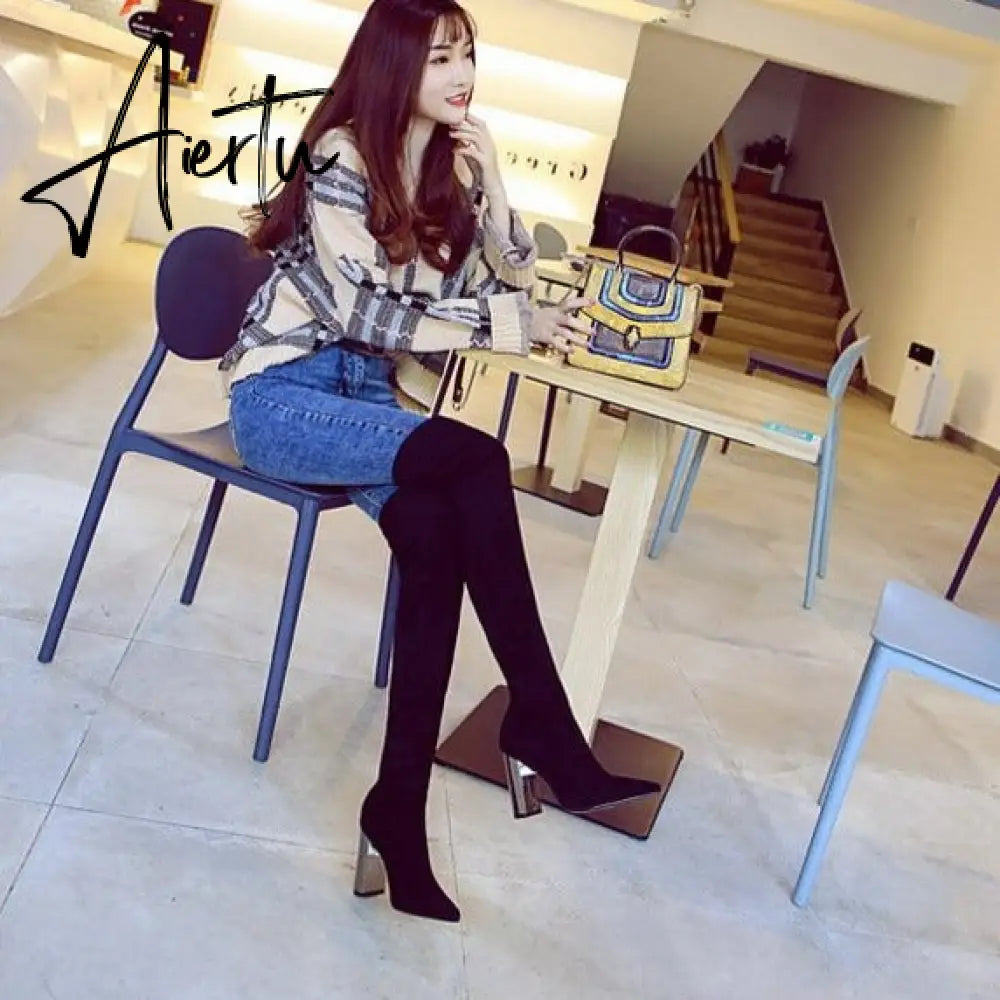 Women Chunky Heeled Suede Pointed Toe Knee Boots mysite
