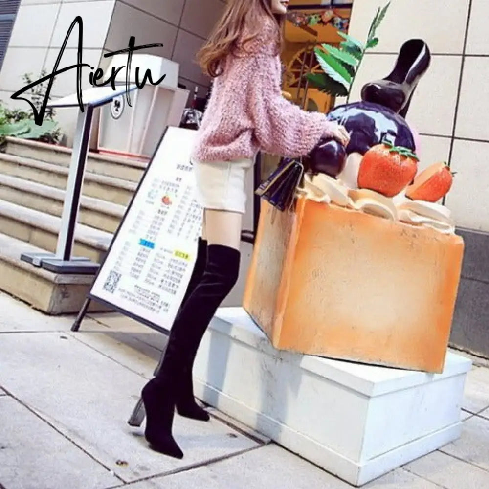 Women Chunky Heeled Suede Pointed Toe Knee Boots mysite