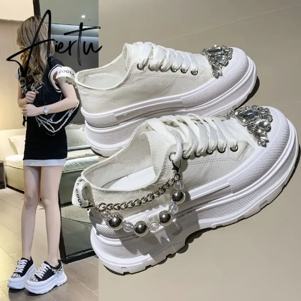 Women Chunky Sneakers Rhinestone Platform Sports Shoes Summer Height Increasing Casual Shoes 7CM High Heels Women Canvas Shoe Aiertu