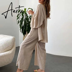 Women Cotton Linen 2 Pieces Pajamas Set Long Sleeve Cardigan Tops Elastic Wide Leg Pants Suit Loose Sleepwear Set Ladies Outfits Aiertu
