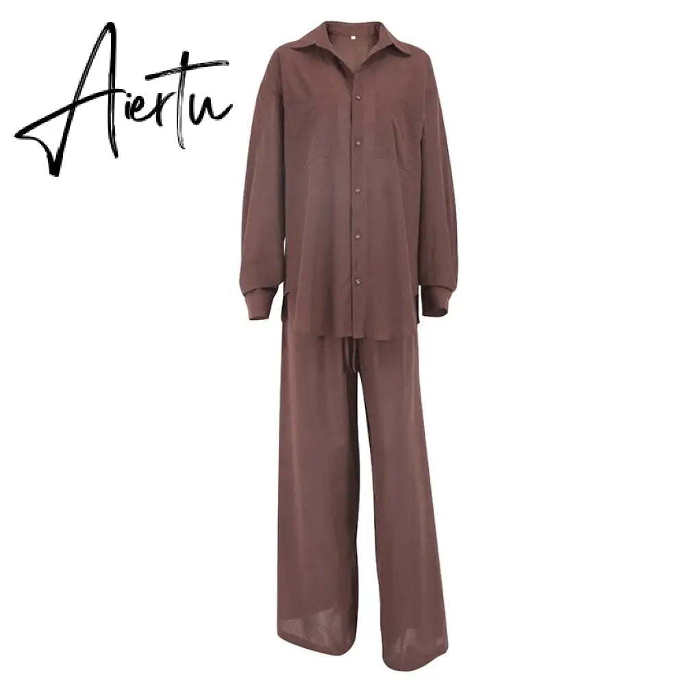 Women Cotton Linen Pajamas Shirt Two Piece Sets Casual Solid Long Sleeve Shirts And Trousers Suit Home Loose Chic Blouse Outfits Aiertu