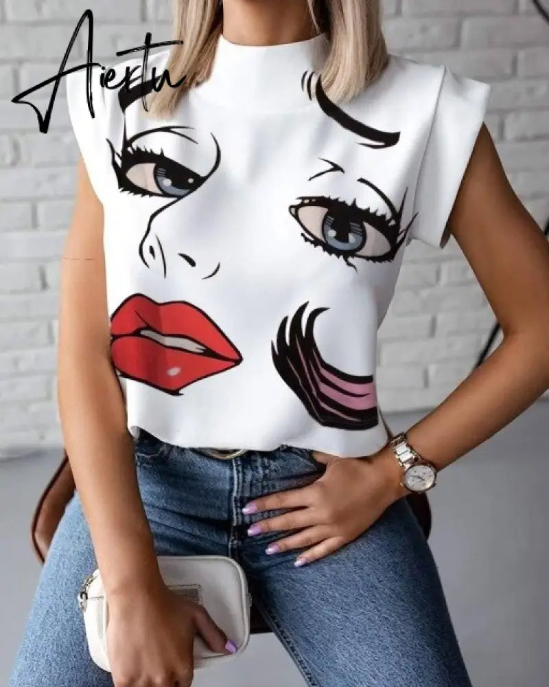 Women Elegant Lips Print Blouse Shirts Summer Casual Stand Neck Pullovers Tops Ladies Fashion Cute Eye Short Sleeve Blusa Aiertu