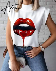 Women Elegant Lips Print Blouse Shirts Summer Casual Stand Neck Pullovers Tops Ladies Fashion Cute Eye Short Sleeve Blusa Aiertu