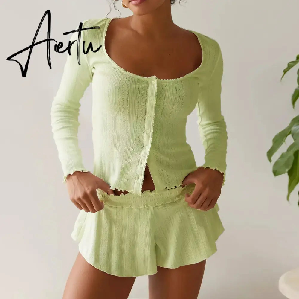 Women Fairy Grunge Two Piece Pajama Sets Solid Lace Trim Round Neck Long Sleeve Button Crop Tops T-shirts Shorts Loungewear Aiertu