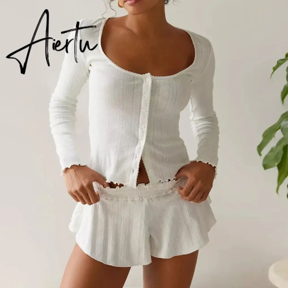 Women Fairy Grunge Two Piece Pajama Sets Solid Lace Trim Round Neck Long Sleeve Button Crop Tops T-shirts Shorts Loungewear Aiertu
