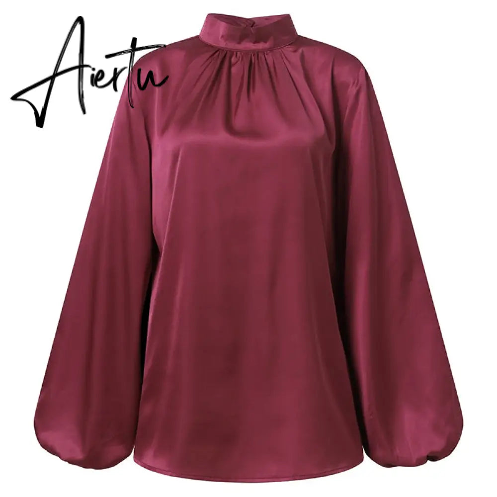 Women Fashion Satin Blouse Lantern Long Sleeve Shirts Autumn Elegant High Collar Casual Party Tunic Tops Streetwear Aiertu