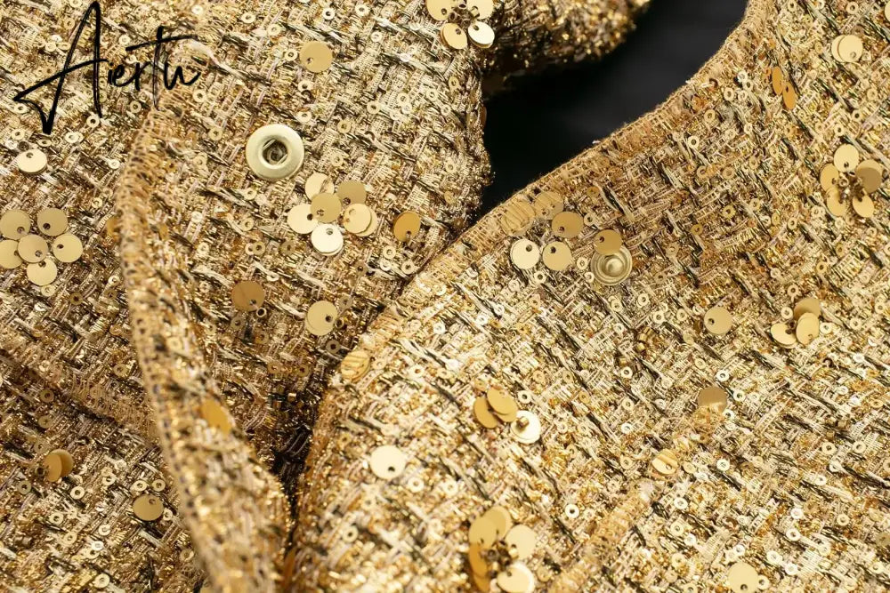Women Fashion Shiny Sequin Jacket Y2k Gold Color Stand Collar Long Sleeve Short Coat Autumn Winter Ladies High Streetwear Aiertu
