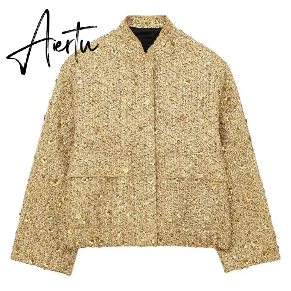 Women Fashion Shiny Sequin Jacket Y2k Gold Color Stand Collar Long Sleeve Short Coat Autumn Winter Ladies High Streetwear Aiertu