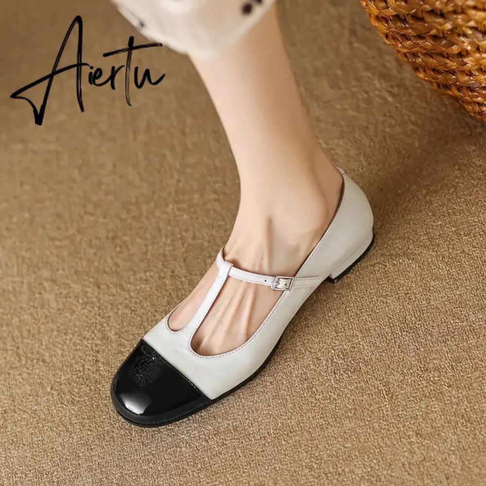 Women Genuine Leather Mary Janes Flat Shoes Brand Designer T-tied Buckle Mix-Color Shoes Lady 2023 New Preppy Aiertu