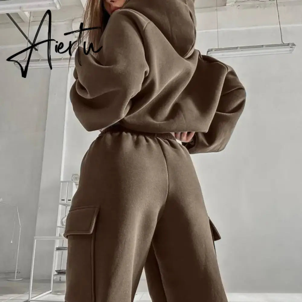 Women Hooded Tracksuit Two Pieces Set Sweatshirts Pullover Hoodies Pockets Pants Suit Drawstring Trousers Sports Outfits Autumn Aiertu