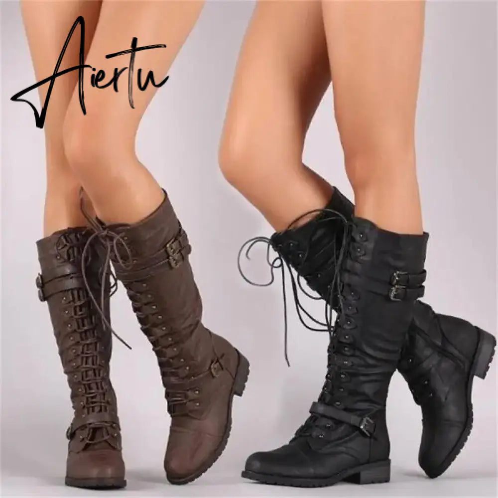 Women Knee high Boots Autumn Winter Lace Up Flat Shoes Sexy Steampunk PU Retro Buckle women shoes Ladies Snow Boots Aiertu