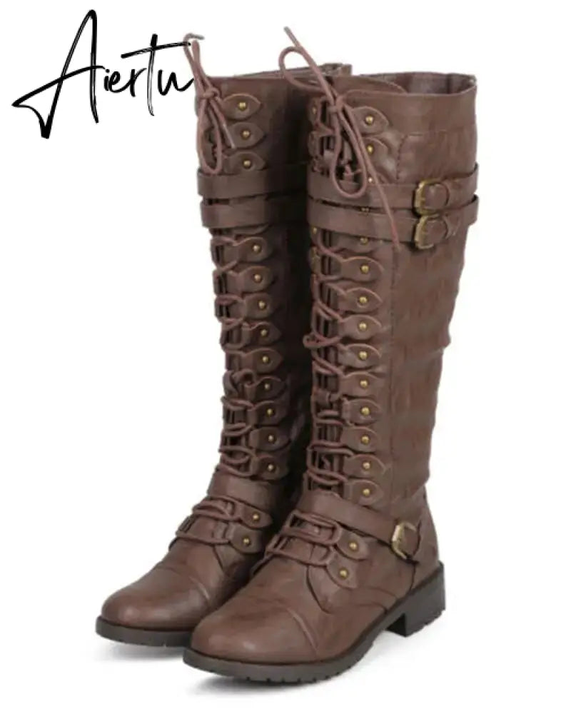 Women Knee high Boots Autumn Winter Lace Up Flat Shoes Sexy Steampunk PU Retro Buckle women shoes Ladies Snow Boots Aiertu