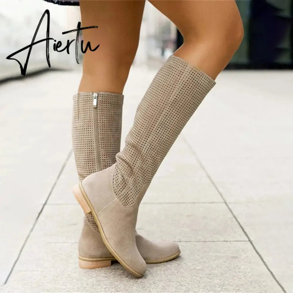 Women Knee High Boots Sexy Suede Winter Designer Luxury Casual Zipper Low Heel Female Shoes Comfortable Elegant Lady Boots Aiertu