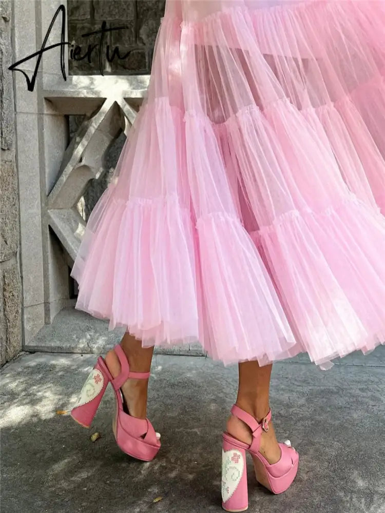 Women Mesh Puffy Long Dress Summer Sweet Sleeveless Square Neck High Waist Pink Princess Dress Evening Party Clubwear Fairycore Aiertu