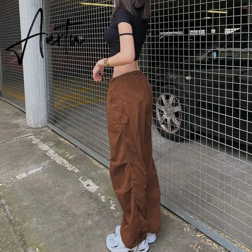Women Oversized Tech Pants Casual Solid Drawstring Low Waist Baggy Trousers Y2K Vintage Hippie Joggers Cargo Pants Streetwear Aiertu