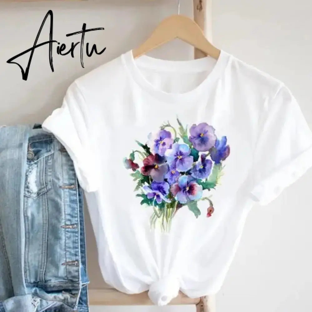 Women Printing Floral Flower 90s Cartoon Ladies Streetwear Style Fashion Clothes Print Tee Top Tshirt Female Graphic T-shirt Aiertu
