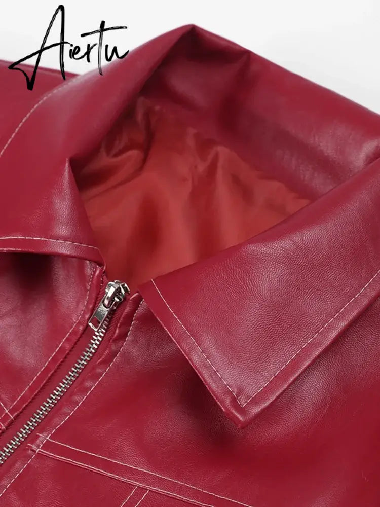 Women Red Lapel Zipper Leather Cropped Coat Autumn Casual Long Sleeve Patchwork Jacket Winter Fashion New Office Streetwear Aiertu