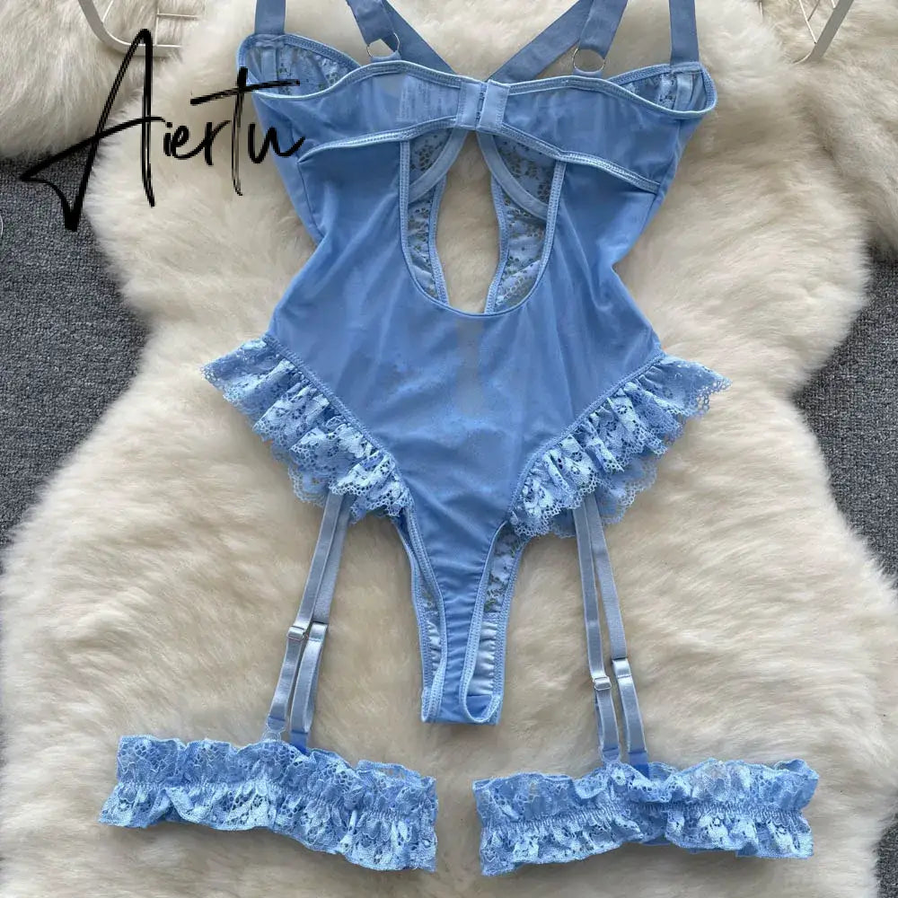 Women Sexy Floral Lace Strappy Bodysuit Fashion One Piece Rompers Lingerie Erotic Tight Embroidery Combination Catsuit Aiertu
