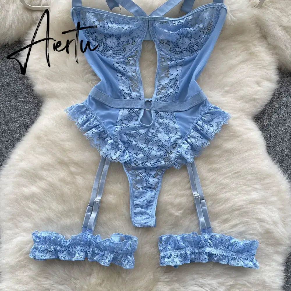 Women Sexy Floral Lace Strappy Bodysuit Fashion One Piece Rompers Lingerie Erotic Tight Embroidery Combination Catsuit Aiertu