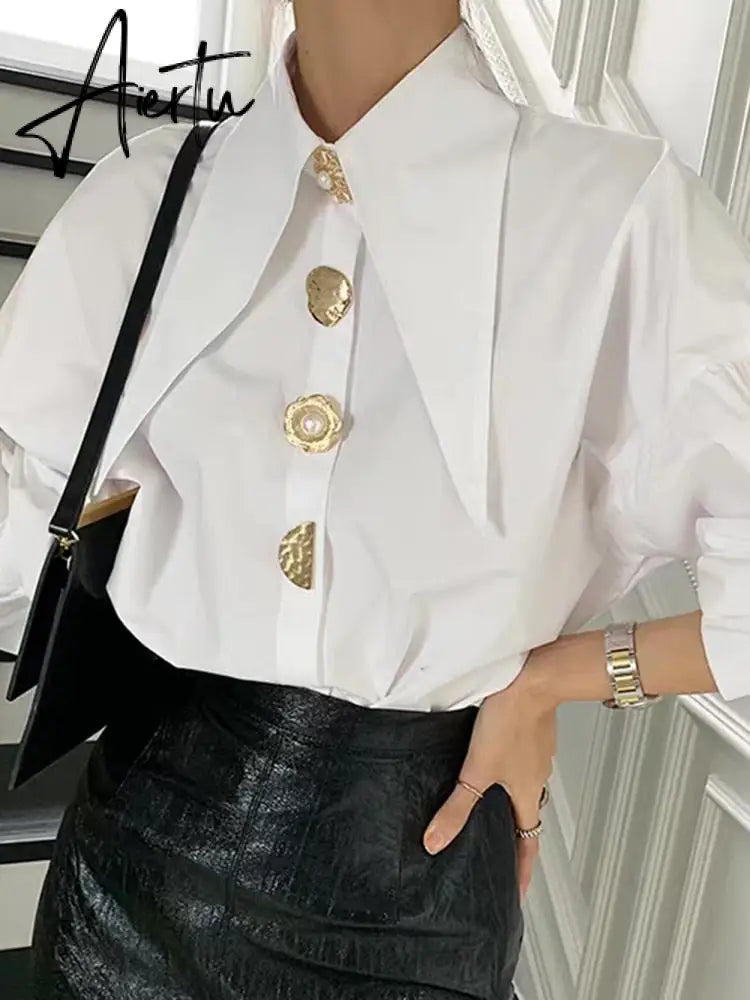 Women Shirts French Vintage Blouse White Spring Button Up Shirt Pointed Collar Long Puff Sleeve Pearl Button Solid Tops Aiertu