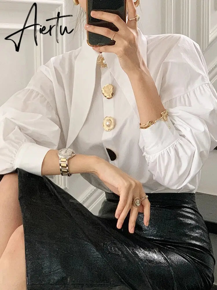 Women Shirts French Vintage Blouse White Spring Button Up Shirt Pointed Collar Long Puff Sleeve Pearl Button Solid Tops Aiertu