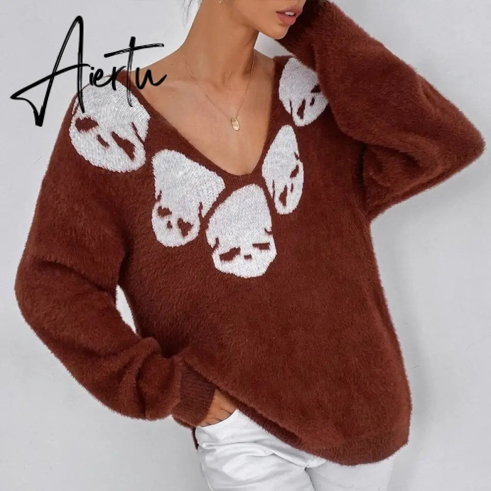 Women Skull Print Long Sleeve Tops Goth Sweater Punk Fairy Grunge Sexy V-Neck Knitted Clothes Pullovers vintage club jumper y2k Aiertu