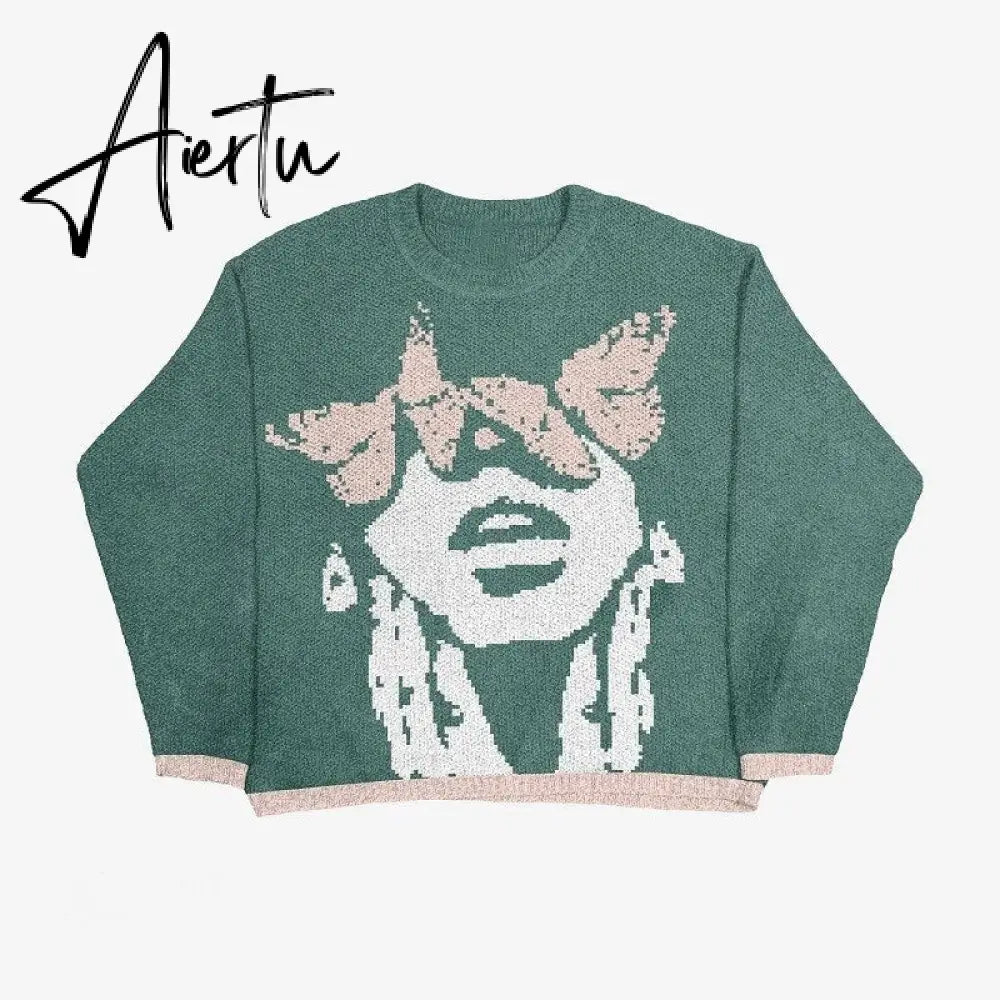 Women Skull Print Long Sleeve Tops Goth Sweater Punk Fairy Grunge Sexy V-Neck Knitted Clothes Pullovers vintage club jumper y2k Aiertu