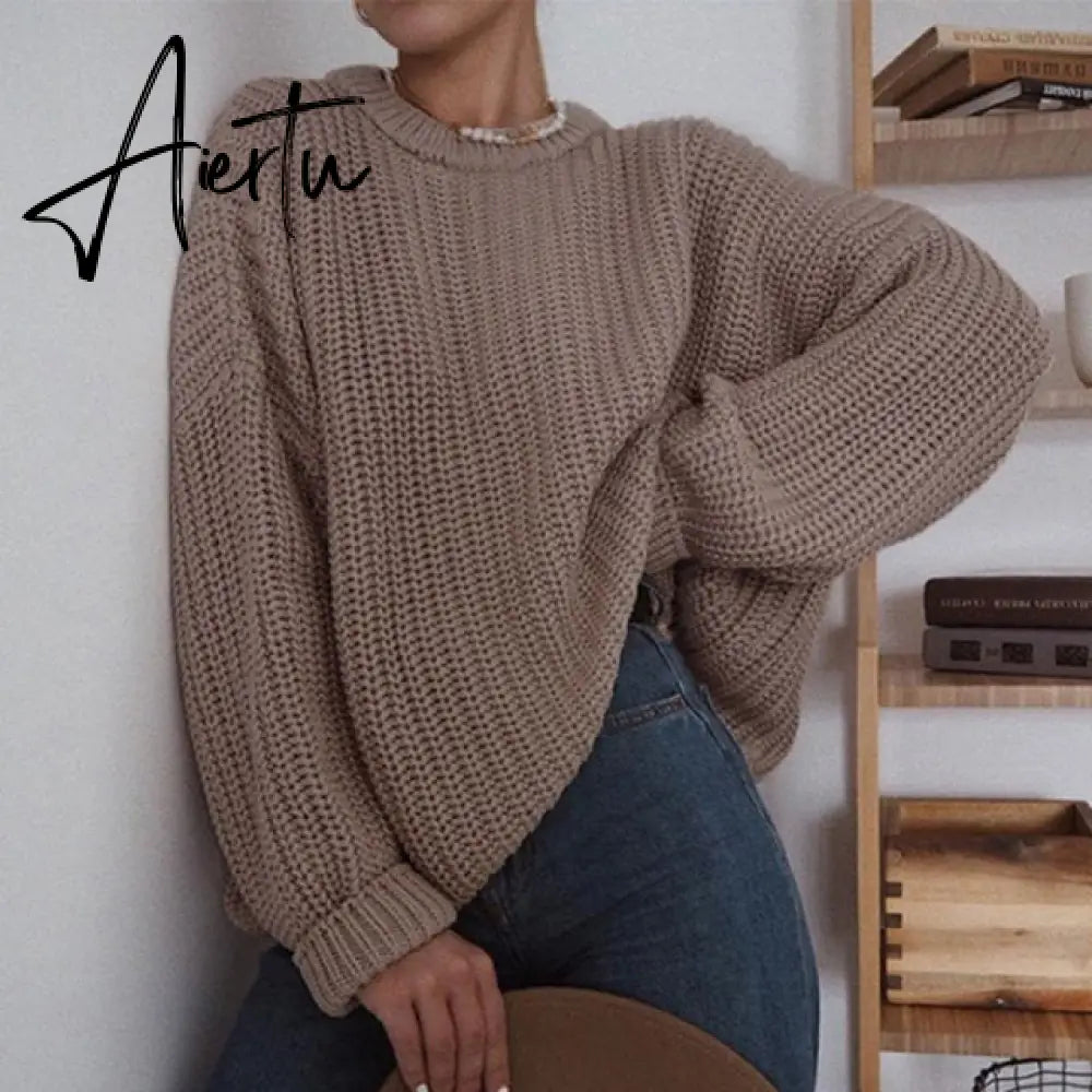 Women Solid Knitted Thickening Oversized Sweater Female Round Neck Long Sleeve Casual Loose Pullovers Top Autumn Winter Aiertu