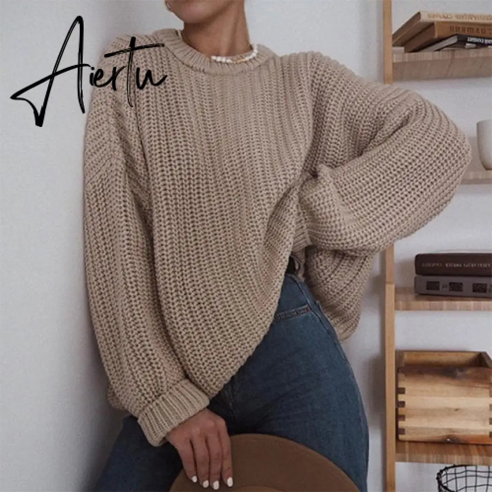 Women Solid Knitted Thickening Oversized Sweater Female Round Neck Long Sleeve Casual Loose Pullovers Top Autumn Winter Aiertu