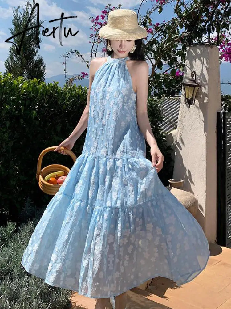 Women Summer Blue Halter Bandage Loose Long Floral Print Dresses Fashion Party Slim Pleated Dress Sweet Elegant Off Shoulder New Aiertu